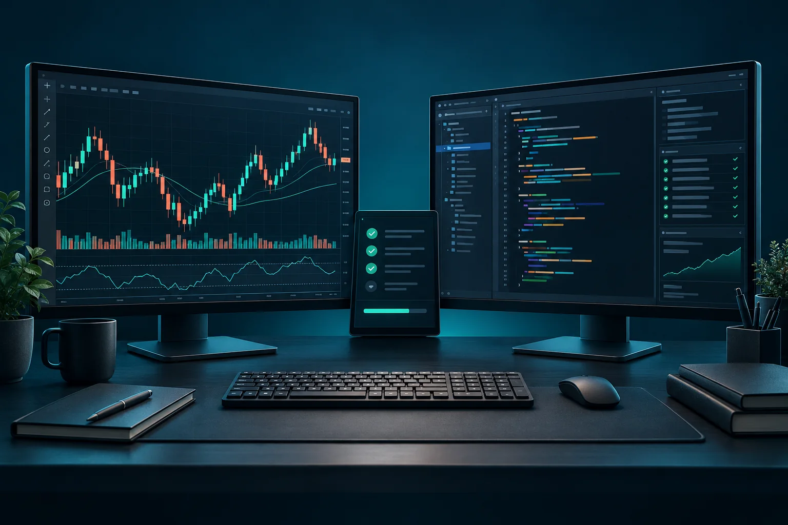 Ilustrācija: tirgus grafiki, programmatūras kods un testēšana.